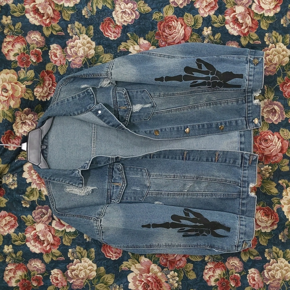 Sold Momento Mori Handmade Upcycled Skeleton Middle Finger Vintage Jean Jacket - Picture 2 of 5